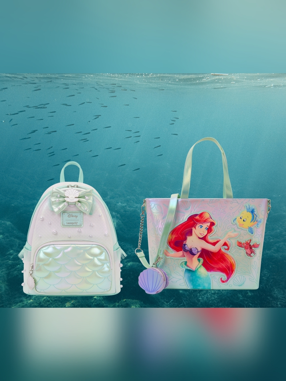 Loungefly The Little Mermaid Iridescent Mini Backpack And Tote Set. Price Firm